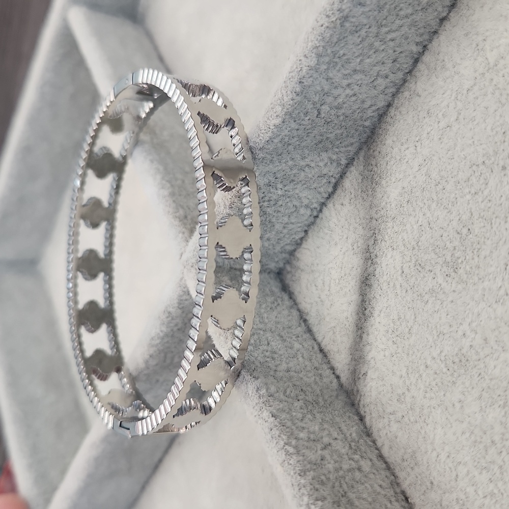 Stainless Steel Silver Tone Clover Bangle, Pearl White, Simulated Diamond - Picture 3 of 8